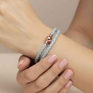 Linx Double Wrap Turquoise Leather Braided Bracelet & Rose Gold Magnetic Clasp